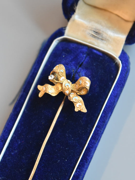 Victorian 14K Enamel Diamond Bow Ribbon Stick Pin