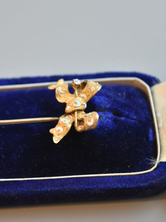 Victorian 14K Enamel Diamond Bow Ribbon Stick Pin