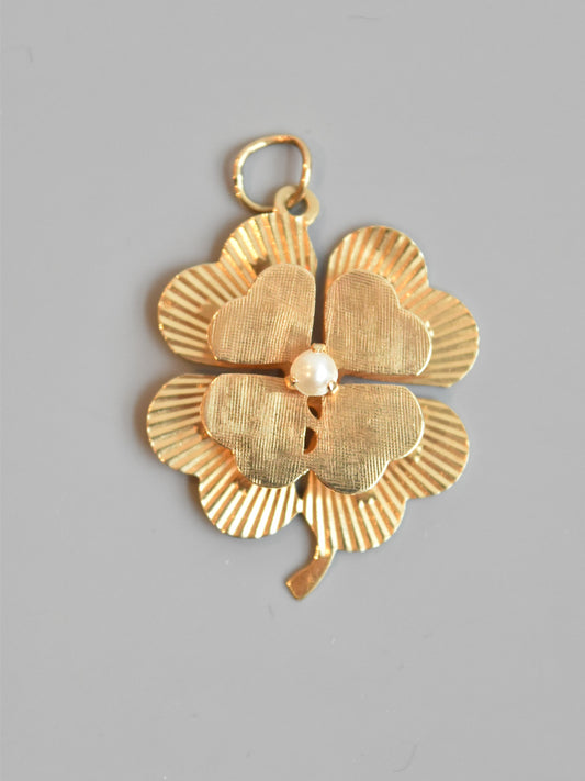 vintage 14K Or Grand Moteur Tourné Double Couche Pendentif Trèfle à Quatre Feuilles