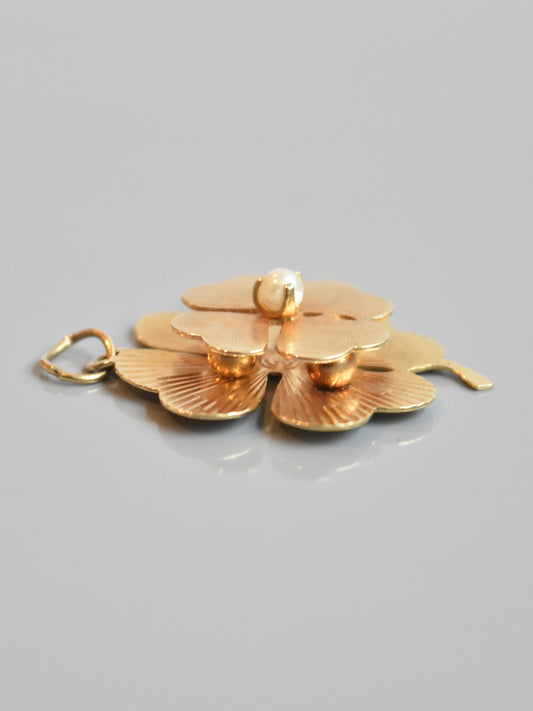 vintage 14K Or Grand Moteur Tourné Double Couche Pendentif Trèfle à Quatre Feuilles