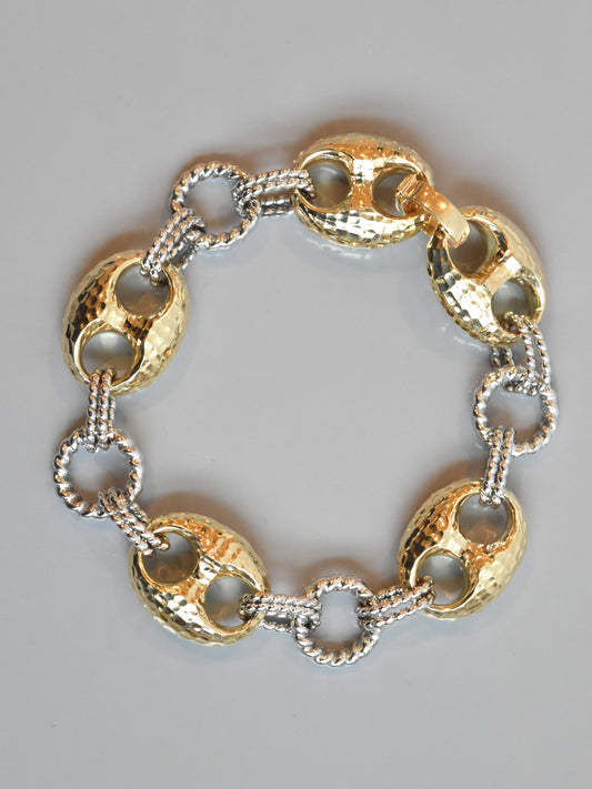 14K Gold Two Tone Faceted Puffed Mariner Bracelet 7.5 inch