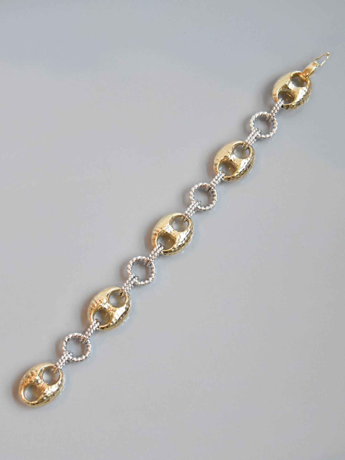 14K Gold Two Tone Faceted Puffed Mariner Bracelet 7.5 inch