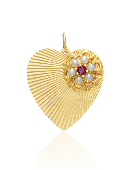 Vintage 14K Yellow Gold Garnet Pearl Engine Turned Heart Charm