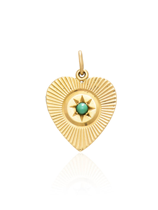 Vintage 14K Gold Turquoise Engine Turned Heart Charm