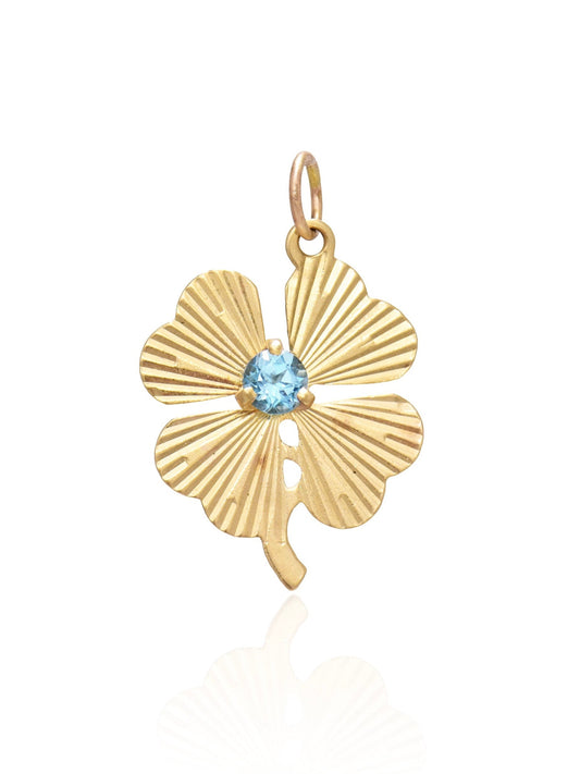 Vintage 14K Gold Topaz Engine Turned Clover Charm