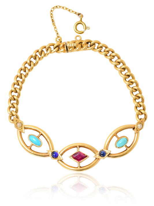 Edwardian 18K Gold Ruby Sapphire Turquoise Pearl Curblink Bracelet