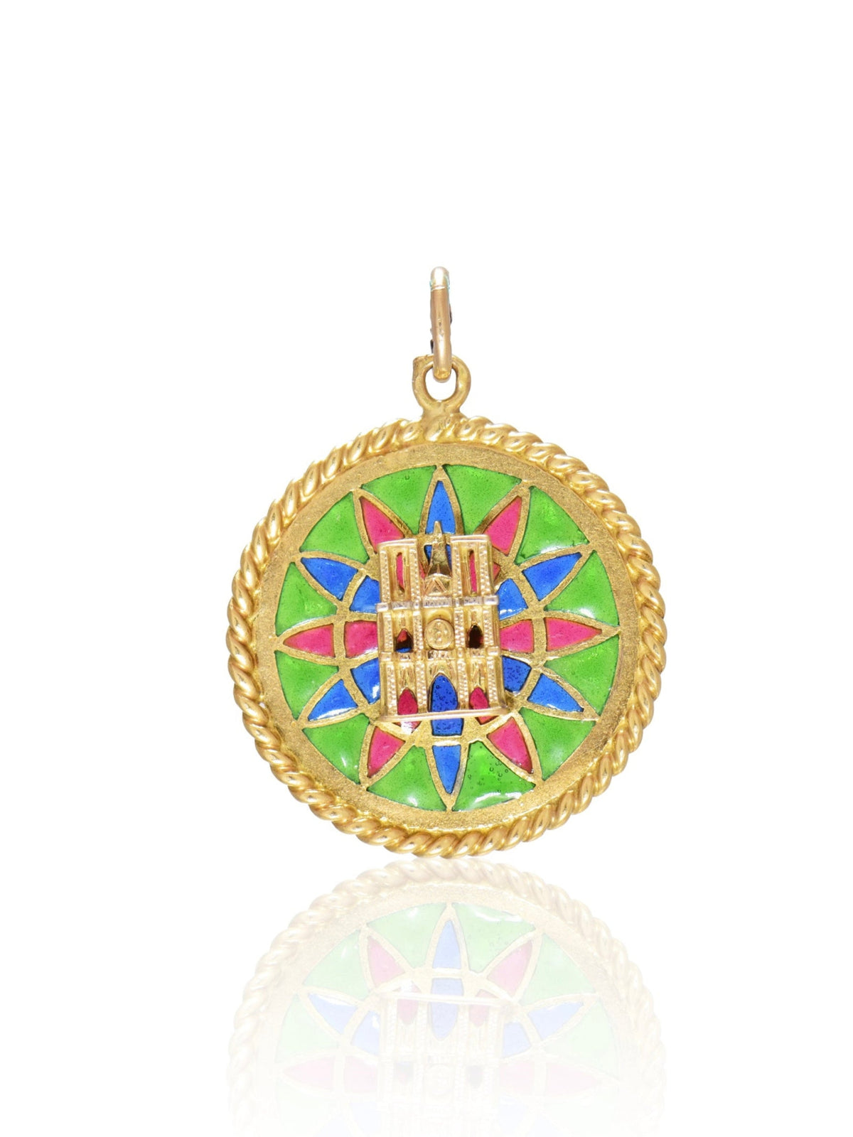 Vintage French 18K Gold Notre Dame Cathedral Plique-A-Jour Enamel Charm Pendant