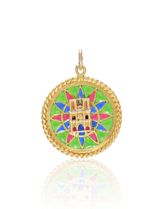 Vintage French 18K Gold Notre Dame Cathedral Plique-A-Jour Enamel Charm Pendant