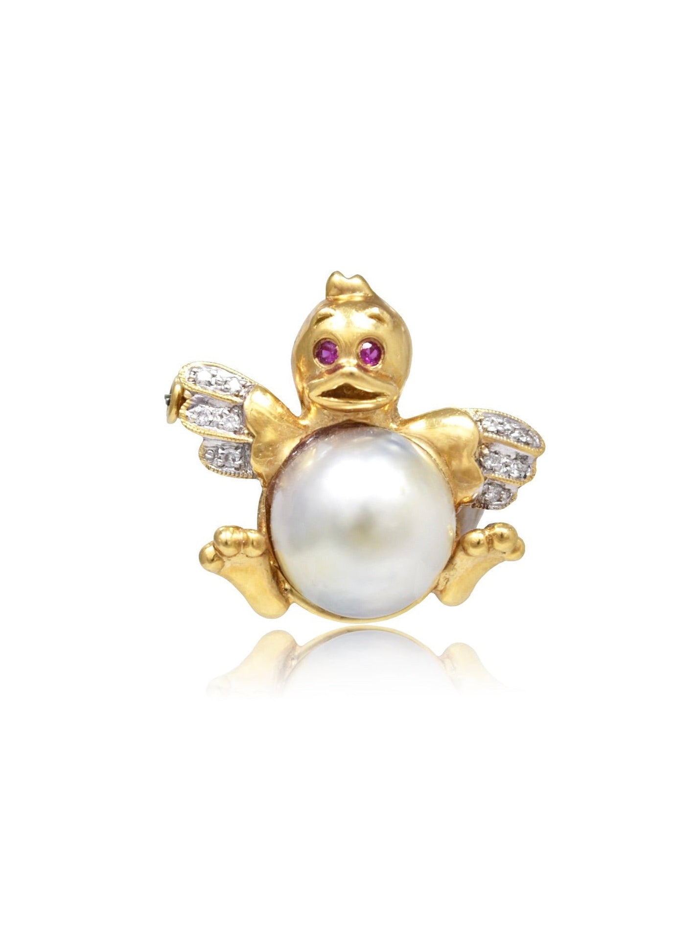 Vintage 18K Gold Pearl Ruby Diamond Duck Brooch Pendant