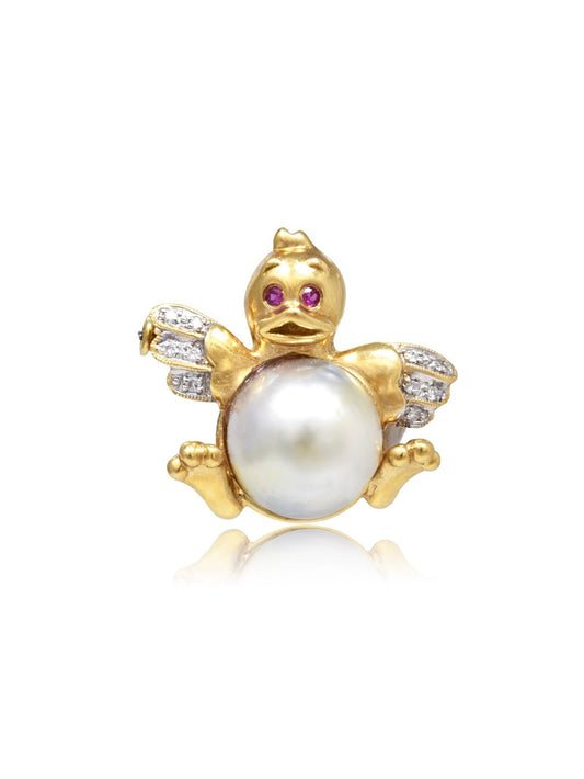 Vintage 18K Gold Pearl Ruby Diamond Duck Brooch Pendant