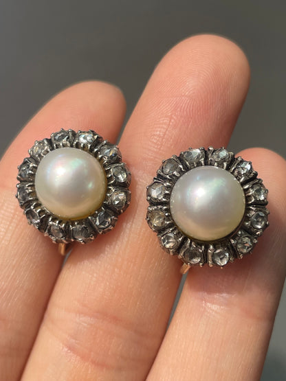 Antique French 18K Yellow Gold 9.0 mm Pearl 1.8 CTW Diamond Halo Earring