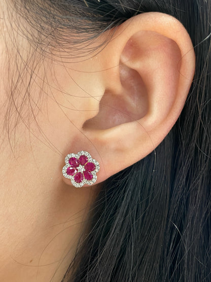 14K Gold Ruby Diamond Flower Stud Earring