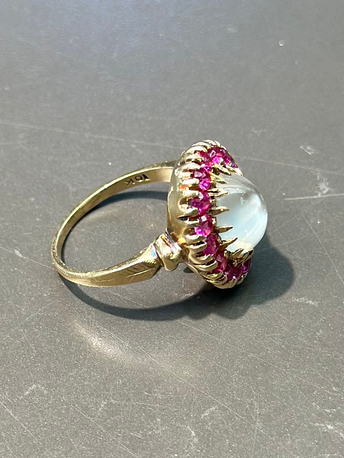 Victorian 10K Gold Ceylon Moonstone Ruby Halo Ring