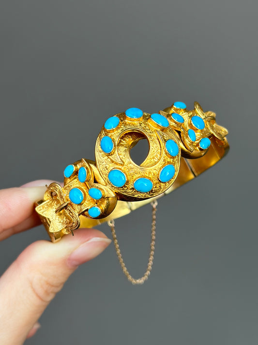 Victorian 14K Gold Turquoise Double Buckle Belt Motif Link Bracelet