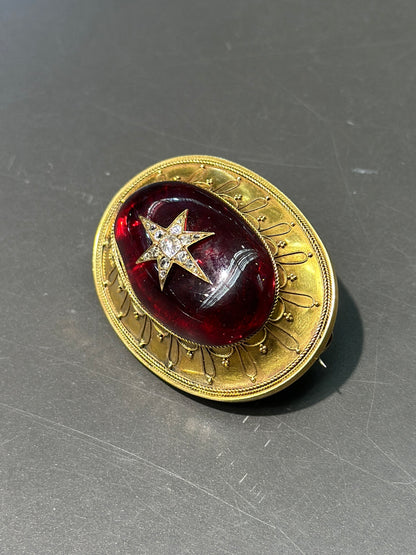 维多利亚伊特鲁里亚 14K 金石榴石钻石星爆胸针
