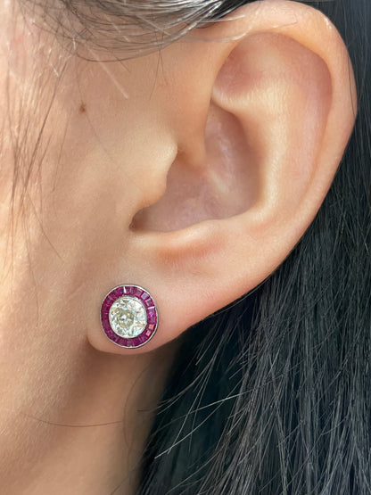 Vintage Platinum 1.75 CTW Old Mine Cut Diamond Ruby Target Stud Earring