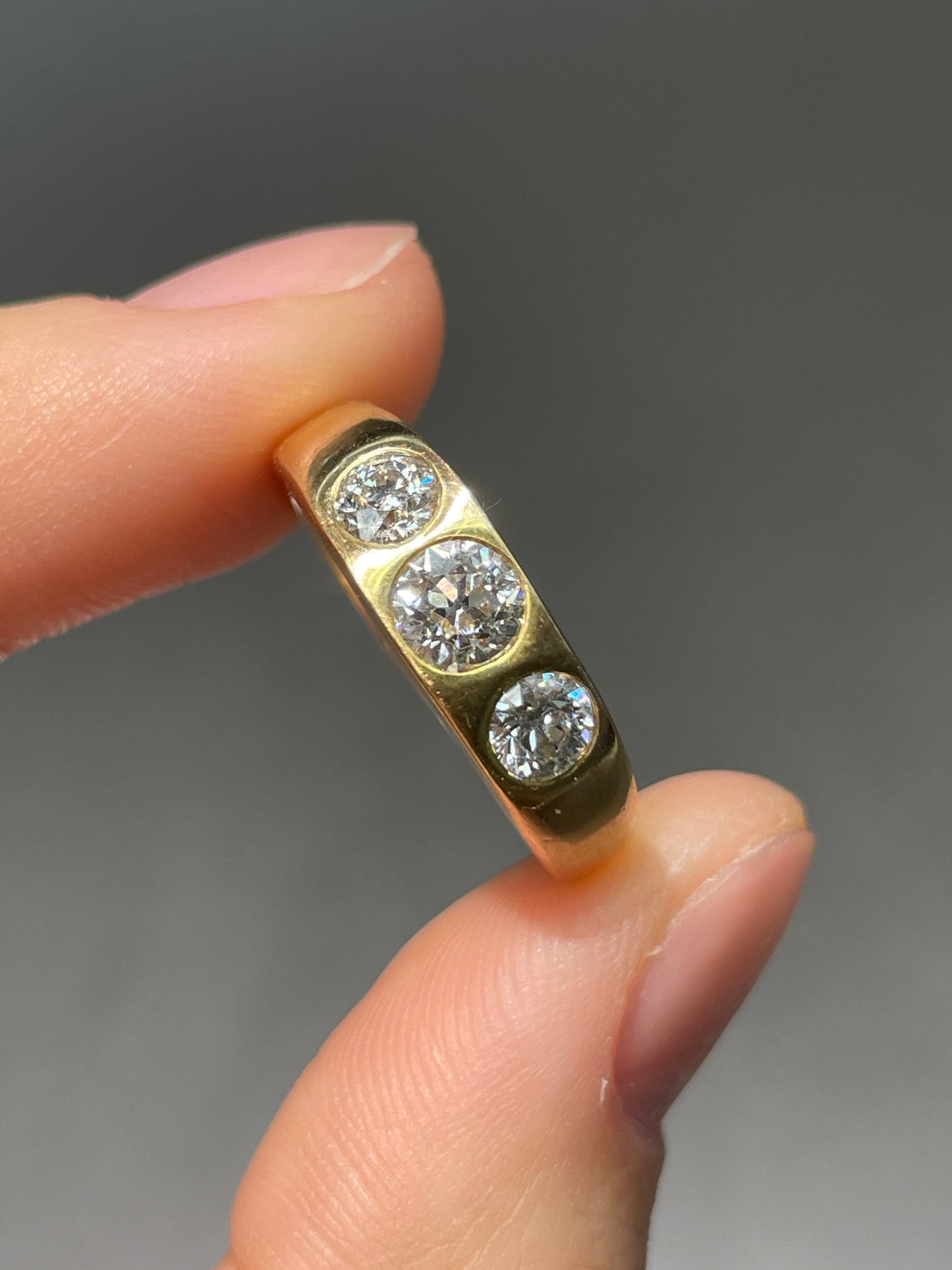 Antique 14K Gold Three Stone Old Mine Cut Diamond Gypsy Ring