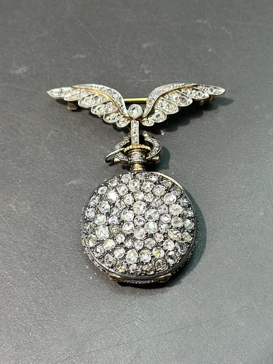 Georgian French 18K Gold Topped Platinum Diamond Winged Pocket Watch