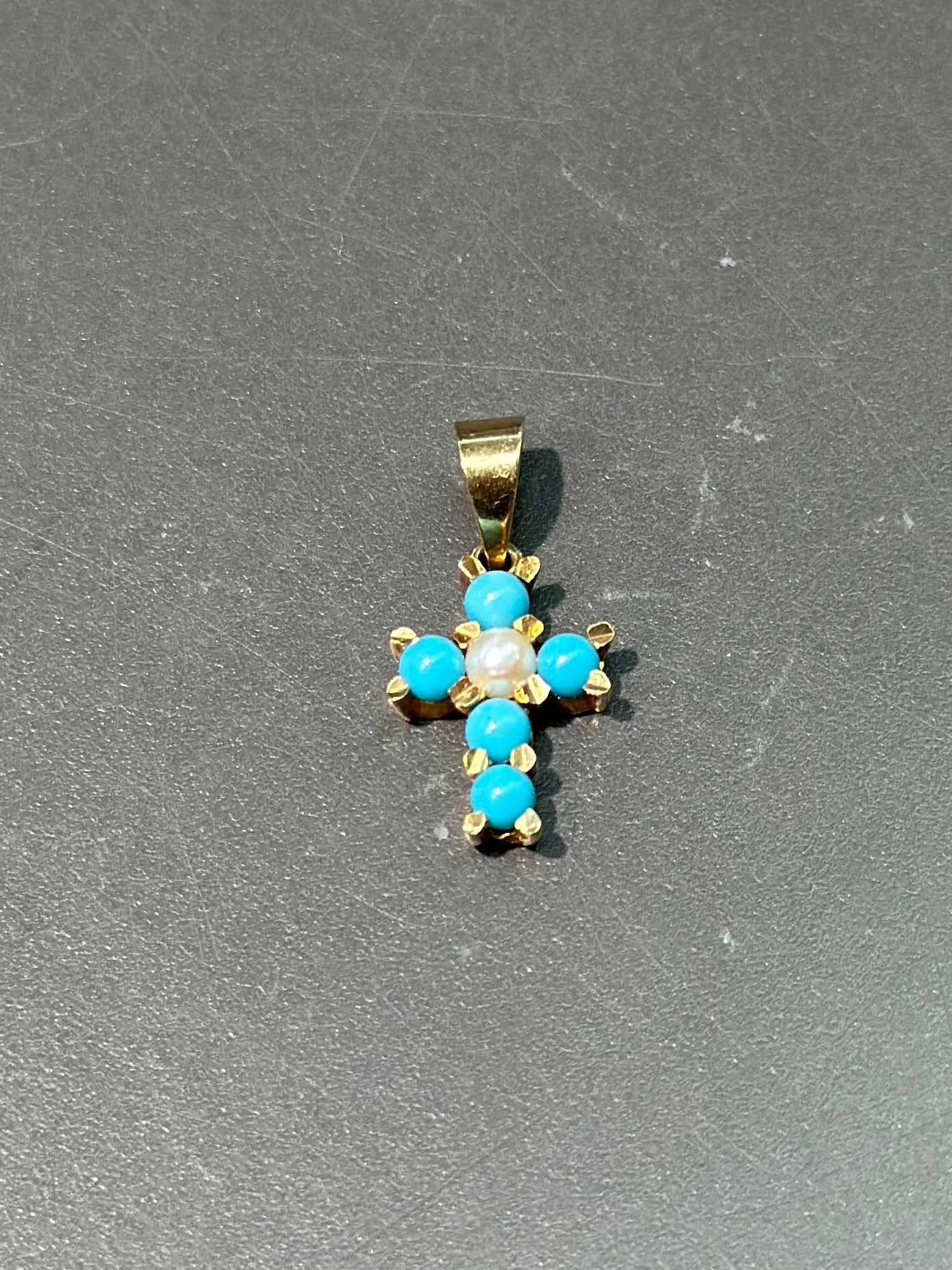 Vintage 14K Gold Turquoise Pearl Cross