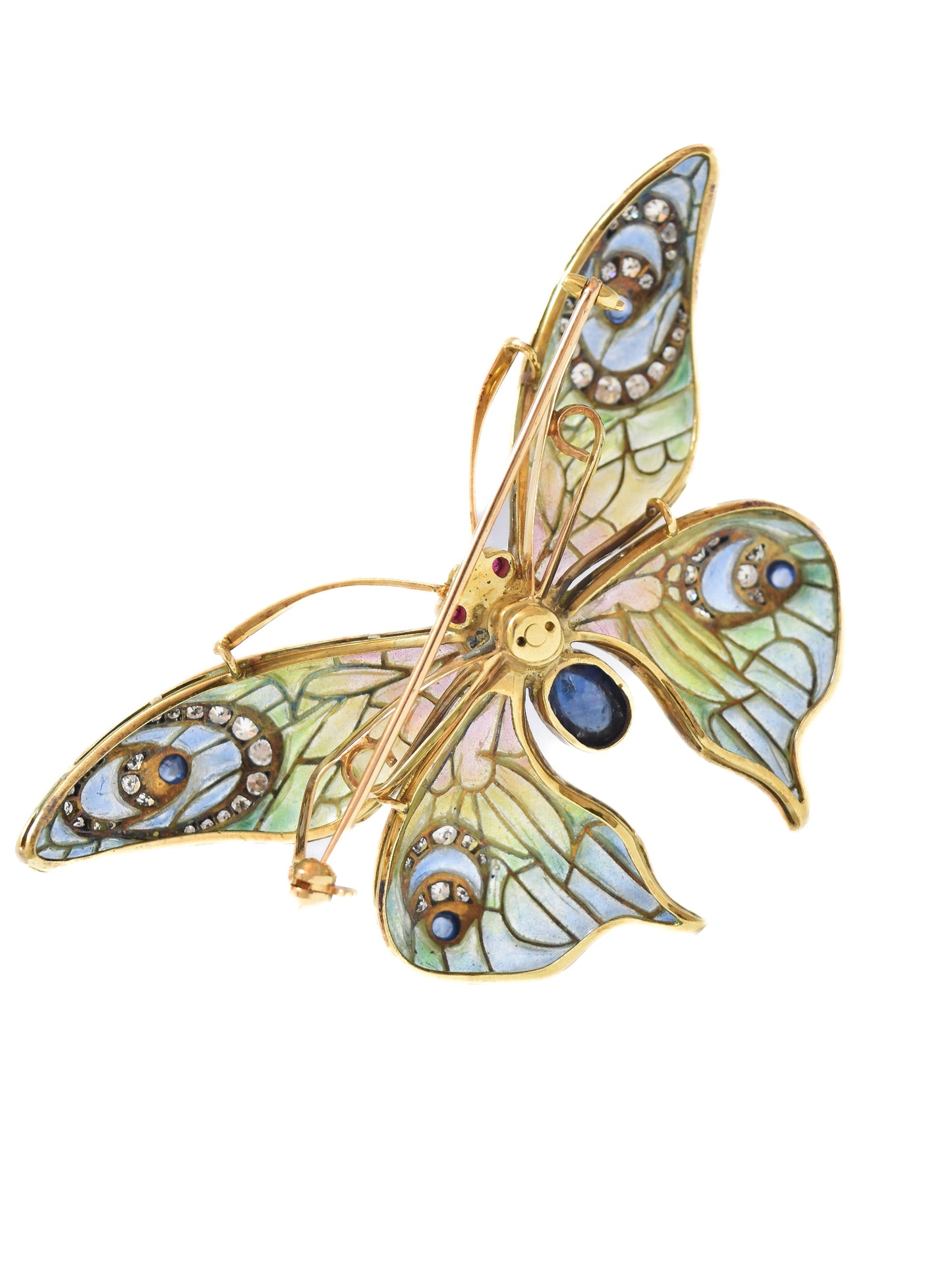 Art Nouveau 14K Yellow Gold Plique-a-Jour Sapphire Diamond Butterfly Brooch