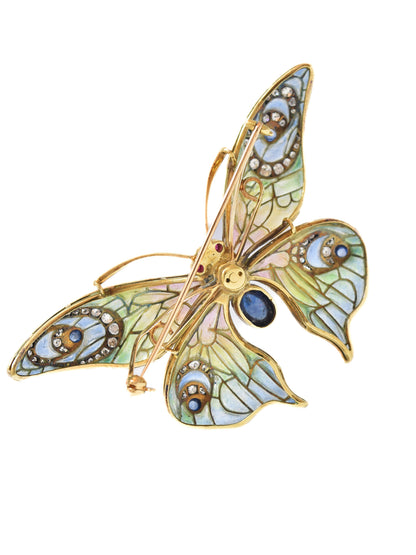Art Nouveau 14K Yellow Gold Plique-a-Jour Sapphire Diamond Butterfly Brooch