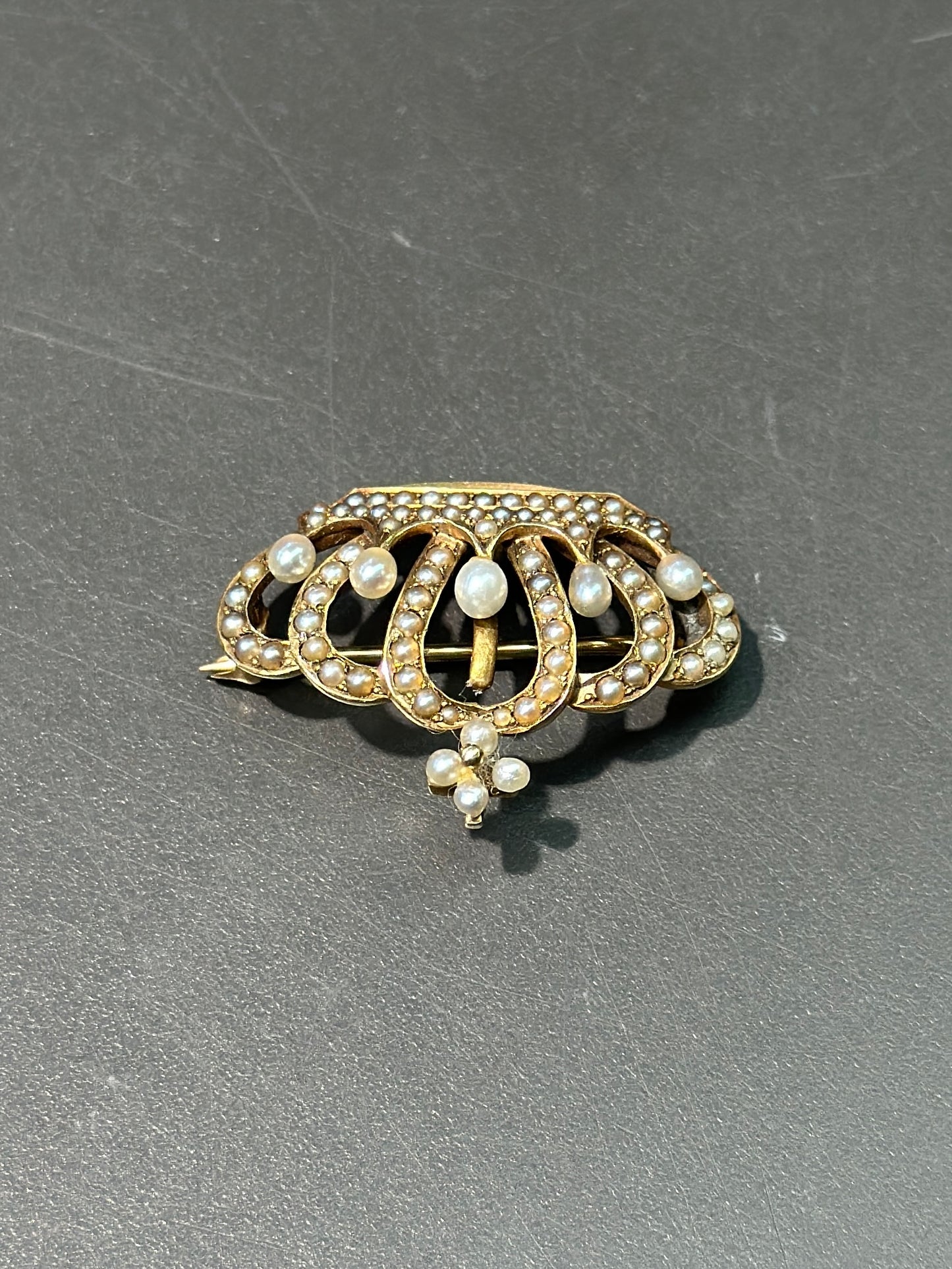 Antique 14K Gold Seed Pearl Crown Brooch