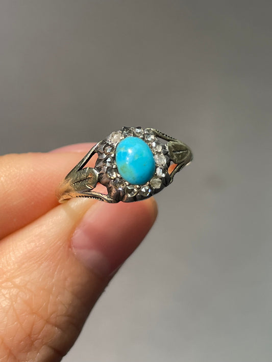 Antique French 18K Yellow Gold Turquoise Diamond Halo Ring