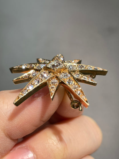 Antique 14K Gold 3.30 CTW Diamond Starburst Pendant Brooch
