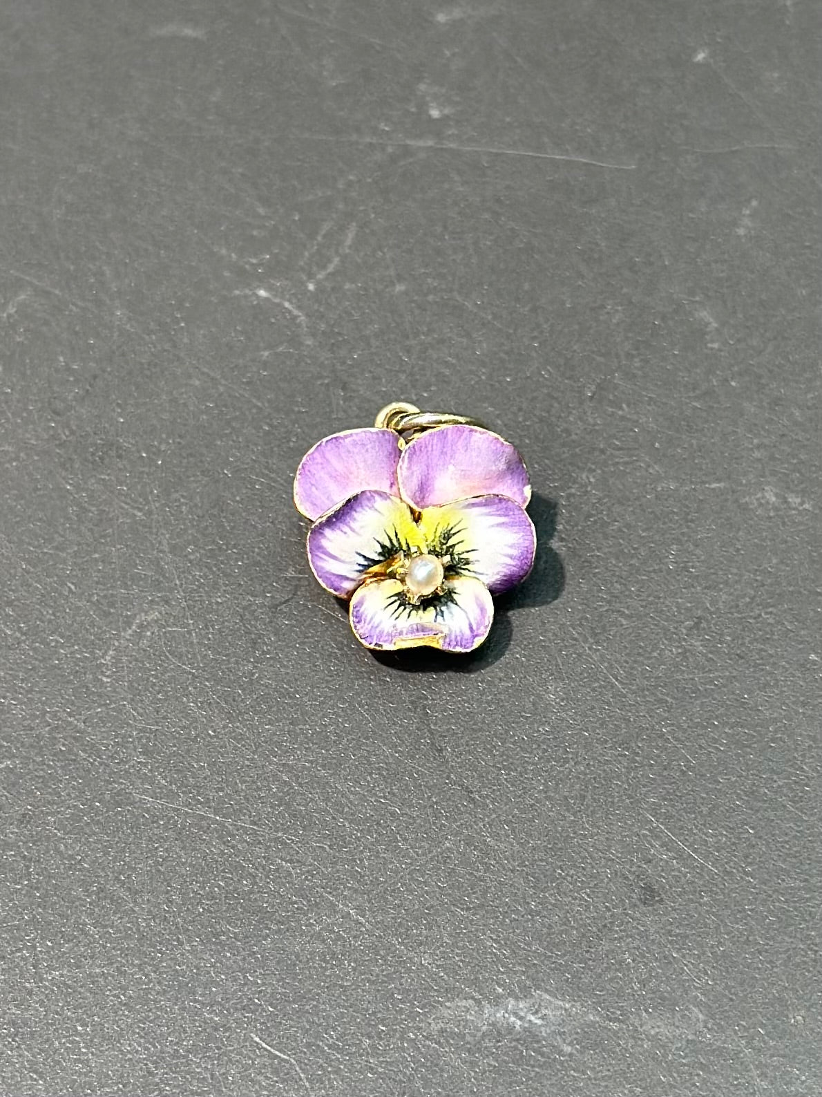 Art Nouveau 14K Gold Enamel Pearl Purple Pansy Flower Charm