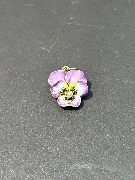 Art Nouveau 14K Gold Enamel Pearl Purple Pansy Flower Charm