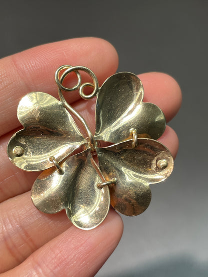 Vintage 14K Yellow Gold 0.35 CTW Diamond Shamrock Clover Pendant