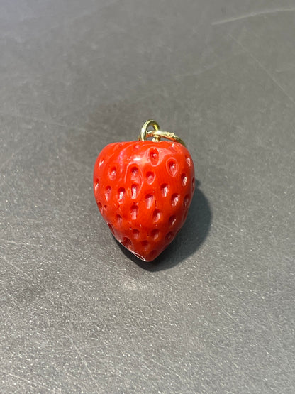 18K Gold Large Coral Carved Strawberry Charm