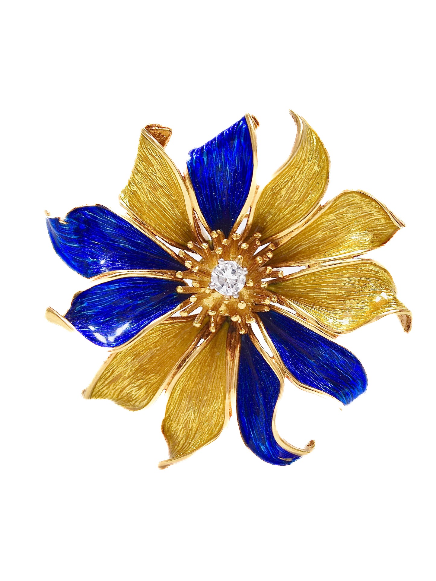 Tiffany & Co. 18K Gold Enamel Diamond Flower Brooch
