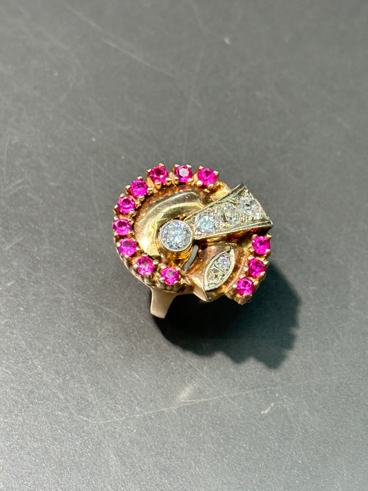 Retro 14K Gold Ruby and Diamond Tank Ring