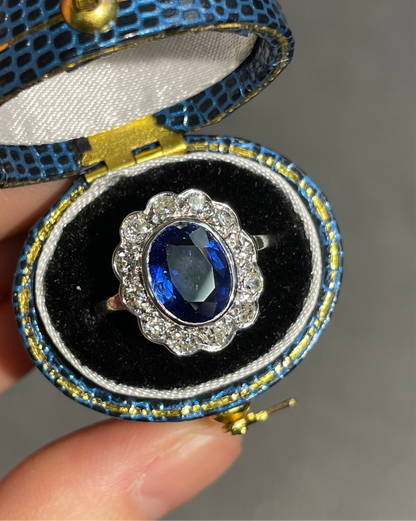 Edwardian Platinum 1.73 CTW Heated Ceylon Sapphire Diamond Halo Ring