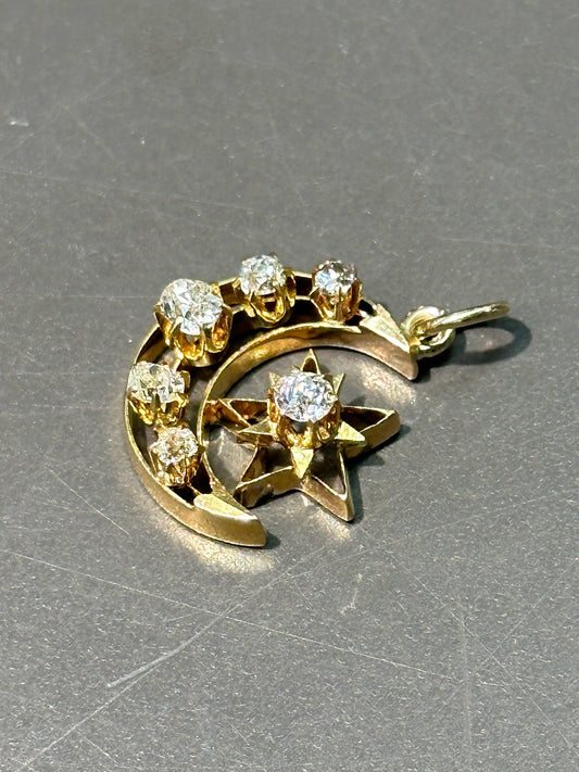 古董 14K 黄金 0.68 CTW 钻石新月星吊坠