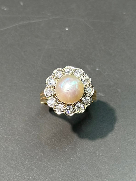 复古 14K 金珍珠钻石光环戒指