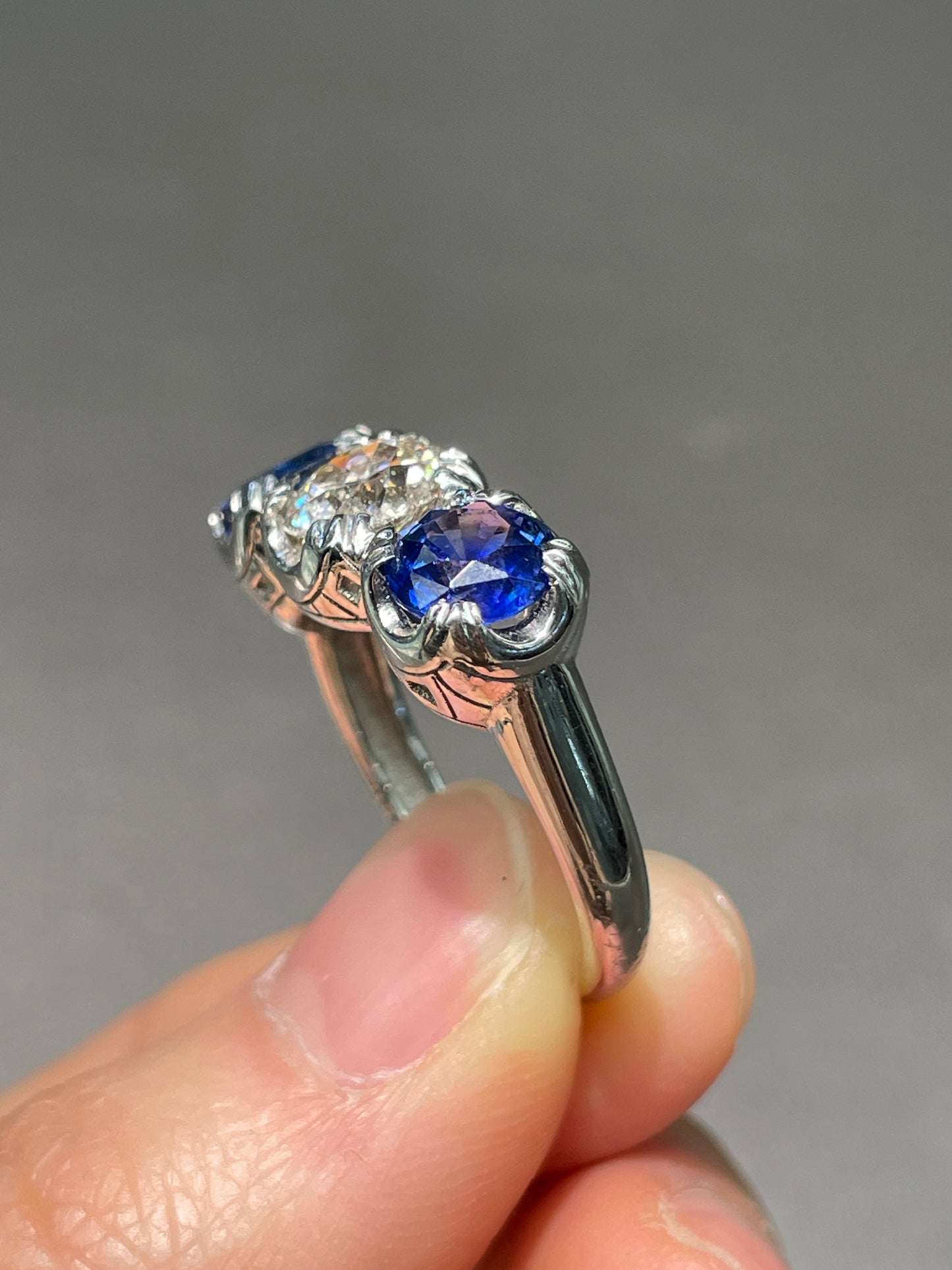 Platinum 1.41 CTW Diamond Ceylon Sapphire Three Stone Ring