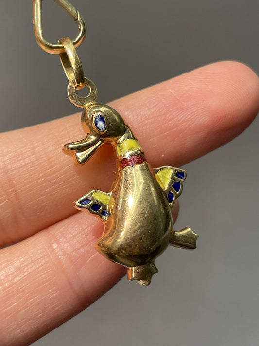 Vintage 18K Yellow Gold Enamel Duck Charm Pendant