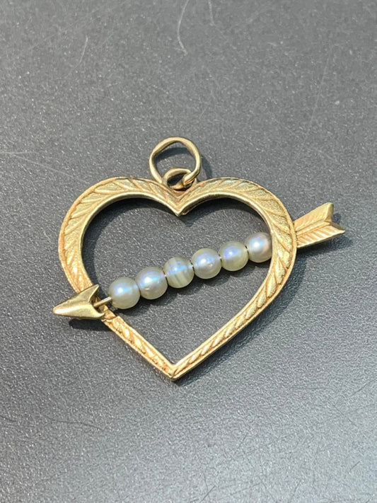 复古 14K 金珍珠箭形心形吊坠