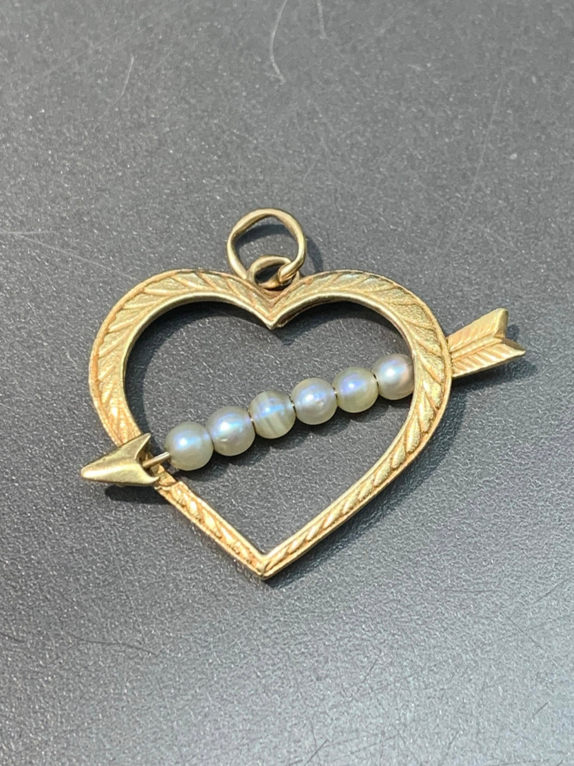 Vintage 14K Gold Pearl Arrow Through Heart Pendant