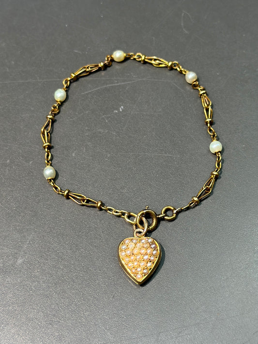 Victorian 18K Gold Seed Pearl Heart Locket Bracelet