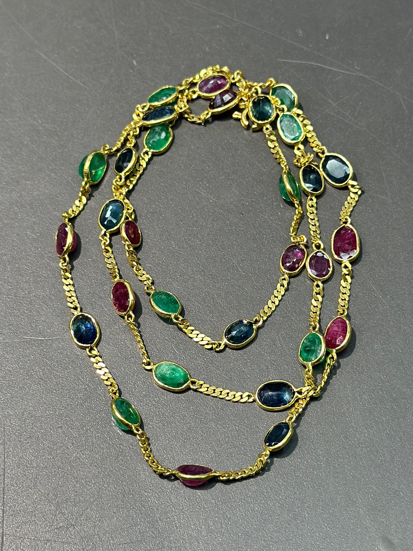 Vintage 18K Gold Emerald Sapphire and Ruby Curb Link Necklace