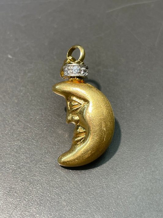 Vintage 18K Yellow Gold Diamond 0.18 CTW Crescent Moon Face Charm