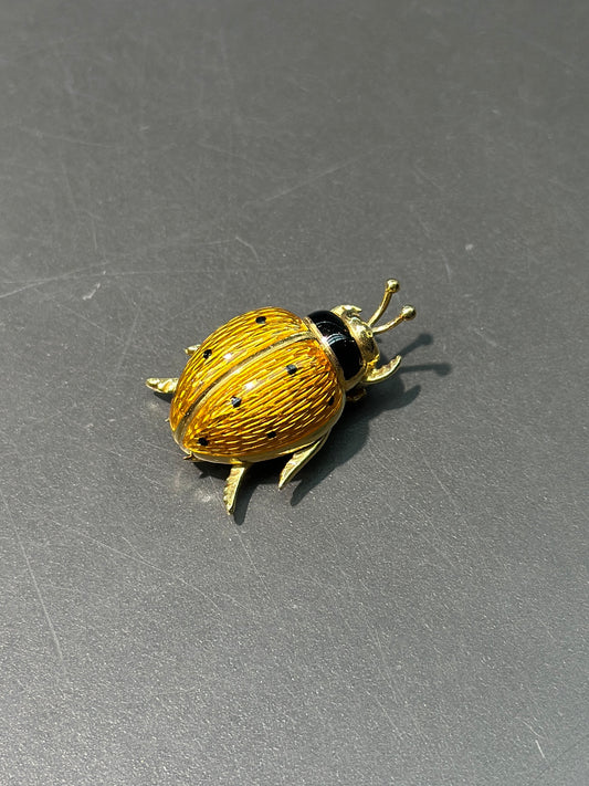 Vintage Italian 18K Gold Yellow Enamel Lady Bug Brooch