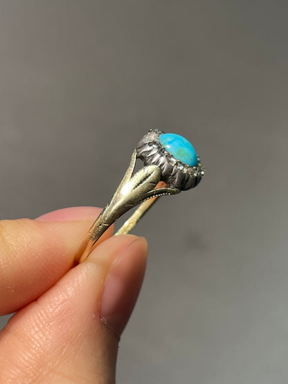 Antique French 18K Yellow Gold Turquoise Diamond Halo Ring
