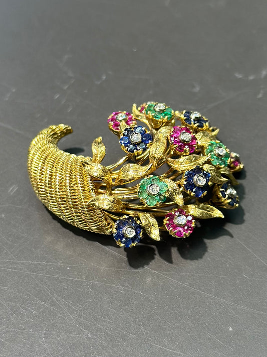 复古 18K 金蒂芙尼金红宝石、绿宝石和蓝宝石 Tremblant 花胸针