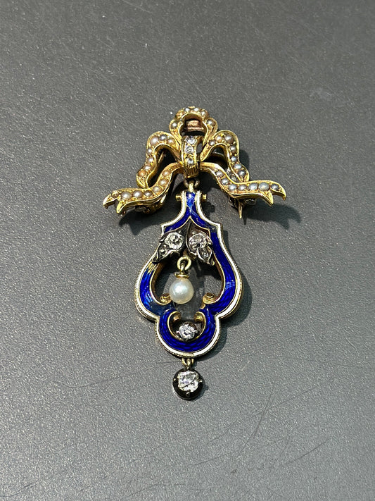 Georgian 14K Gold Enamel Pearl Diamond Ribbon Brooch Pendant