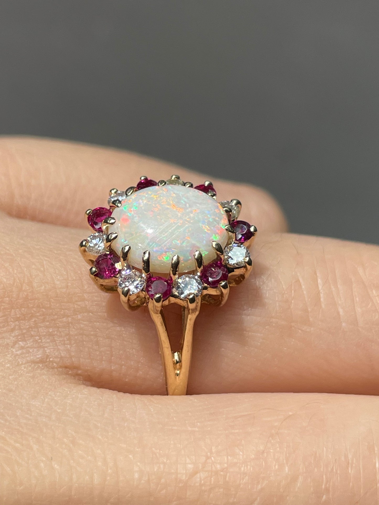 14K Yellow Gold Opal Ruby Diamond Halo Ring
