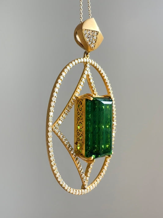 18K Gold Elongated Green Tourmaline Diamond Pendant